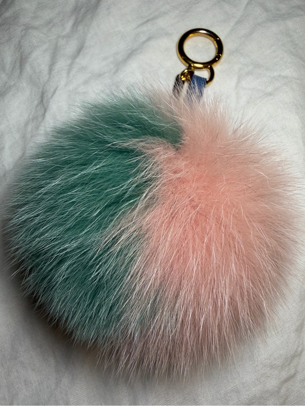 FENDI Tricolor Fox Fur Pom Pom Fendi Bag Charm Keychain Pastel Blue Pink Green - Picture 5 of 5